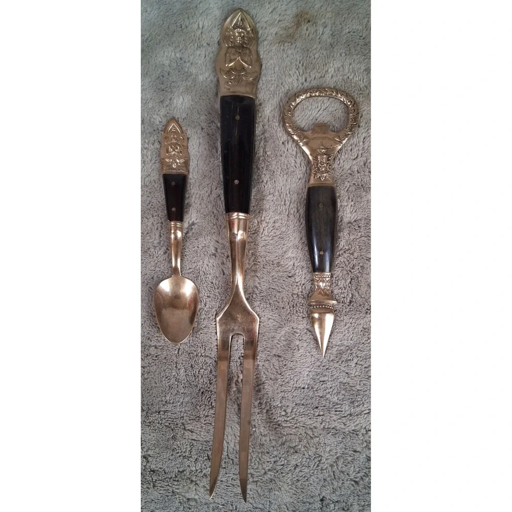 Vintage Siam Thai Brass & Buffalo Horn Barware Set Buddha Coffee Spoon Fork 3pc